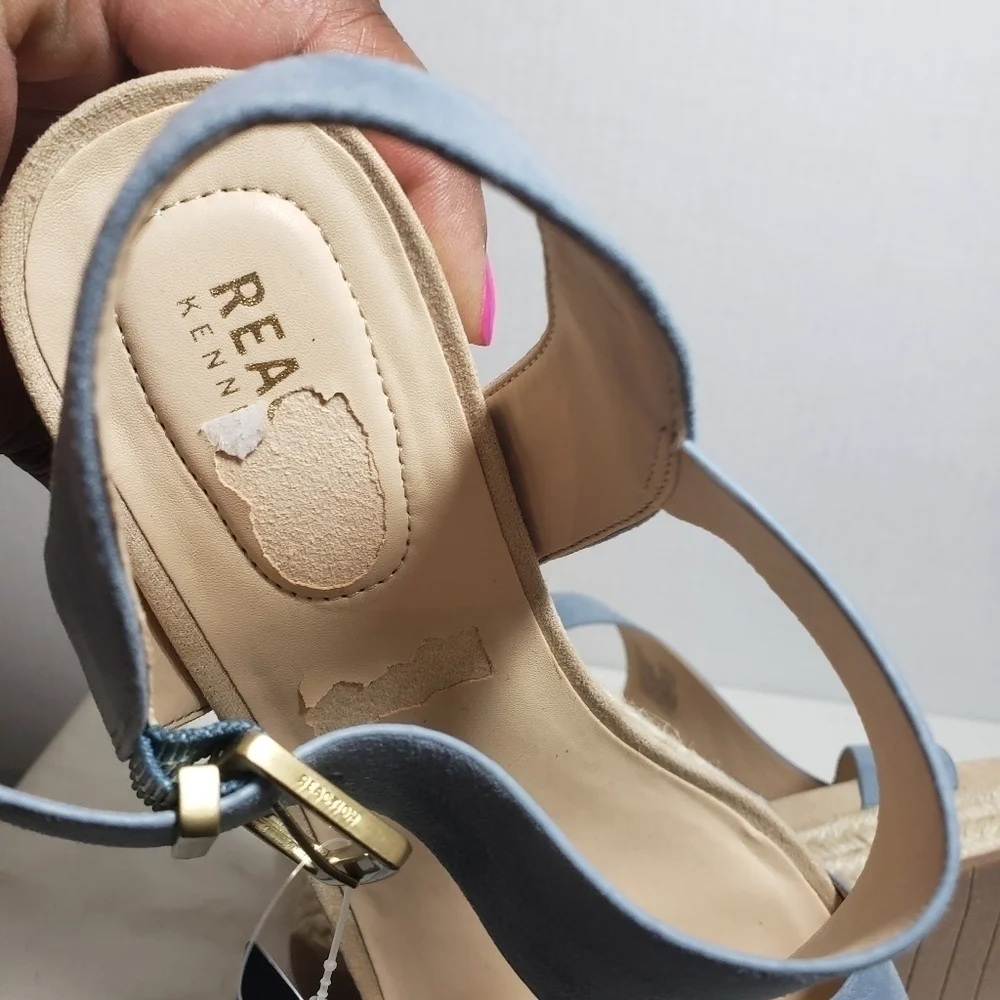 Reaction Kenneth Cole Card Sailboat Blue T-Strap Espadrille Wedge Sandal Sz 9M